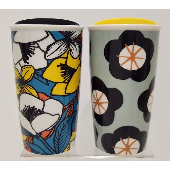 Starbucks Ceramic Tumblers 2019 Teal Poppy Flowers & Spring Black Floral Set Of - Picture 4 of 11